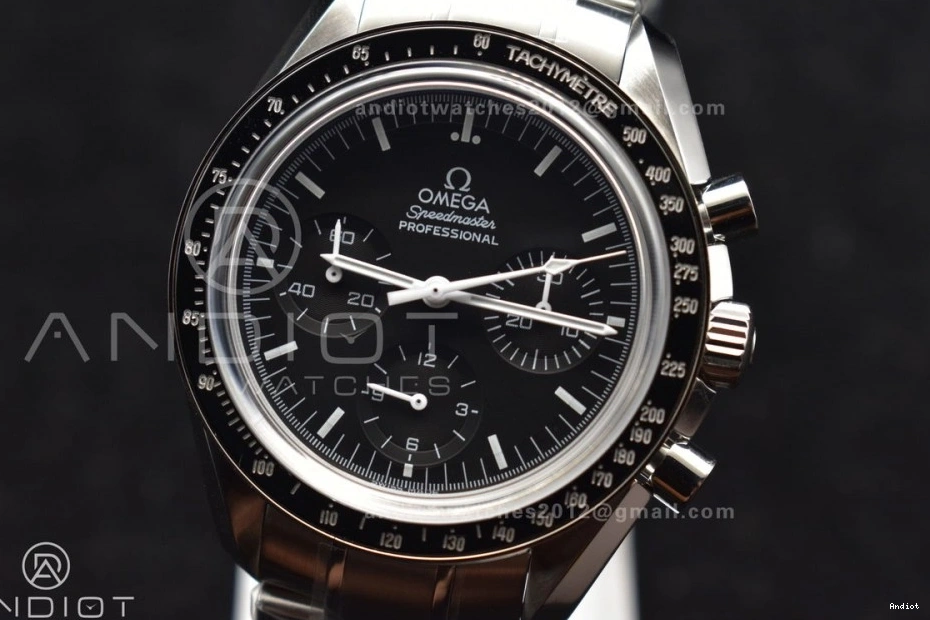 OMF on Manual Sapphire SS Transparent Winding Black with SS MoonWatch Movement Dial Chrono Speedmaster Bracelet Back Crystal 0401